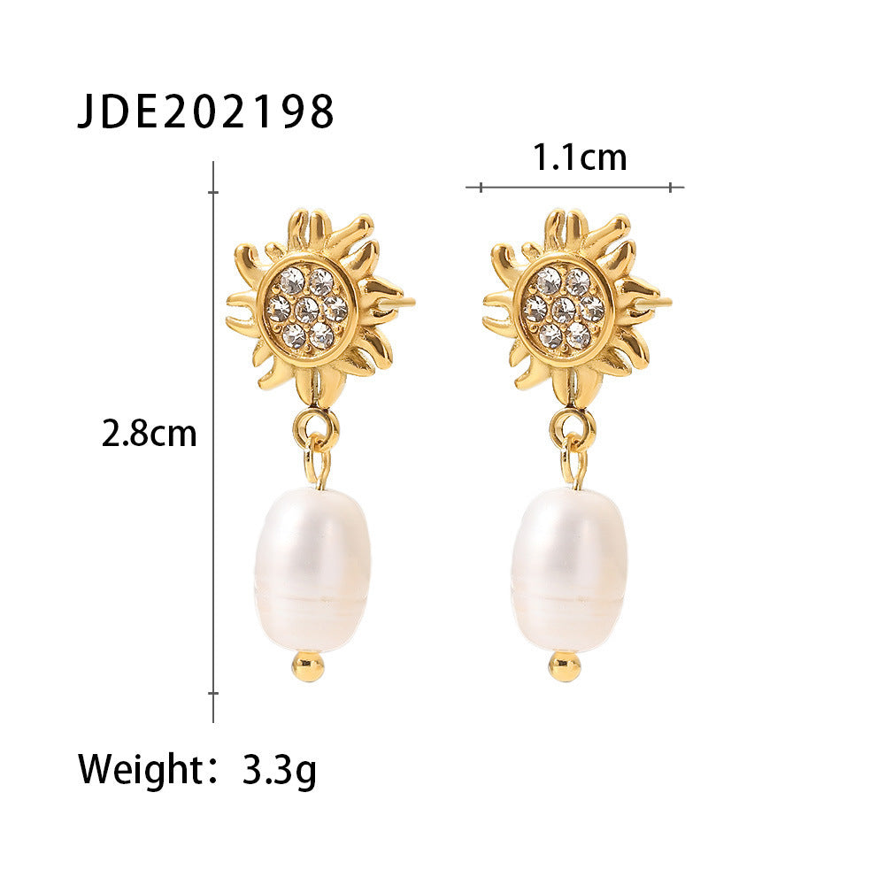 Fransız Retro 18K Altın Kaplama Zirkon & Tatlı Su İnci Küpe - Niş Tasarım İnci Çivili Küpe