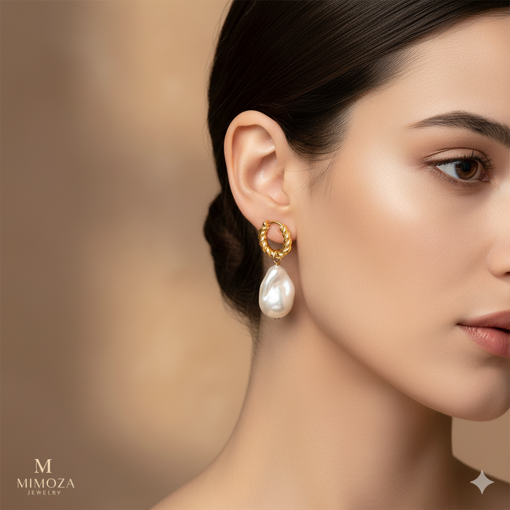 Asimetrik Barok İnci Küpe - Düzensiz Formlu Fresh Water Pearl Küpe Takısı