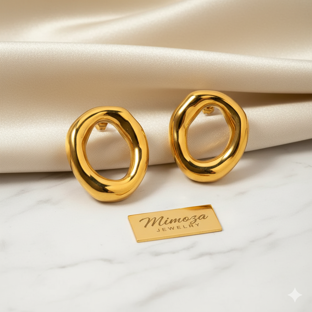 18K Altın Kaplama Paslanmaz Çelik İçi Boş Oval Küpe - Minimalist Oval Halka Küpe