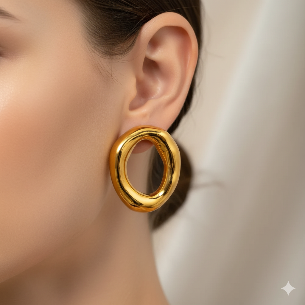 18K Altın Kaplama Paslanmaz Çelik İçi Boş Oval Küpe - Minimalist Oval Halka Küpe