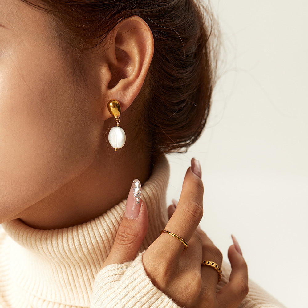 Fransız Retro 18K Altın Kaplama Zirkon & Tatlı Su İnci Küpe - Niş Tasarım İnci Çivili Küpe