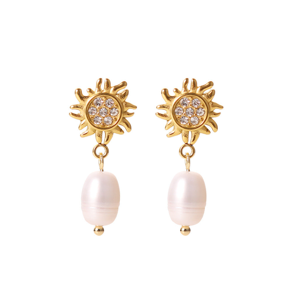 Fransız Retro 18K Altın Kaplama Zirkon & Tatlı Su İnci Küpe - Niş Tasarım İnci Çivili Küpe