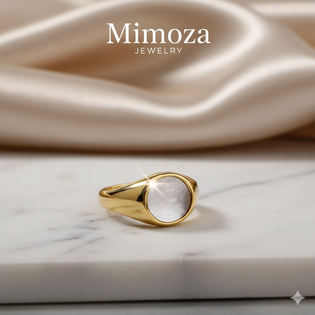 Sedef Taşlı Yuvarlak Yüzük - Beyaz İnci Kabuğu Minimalist Çelik Yüzük